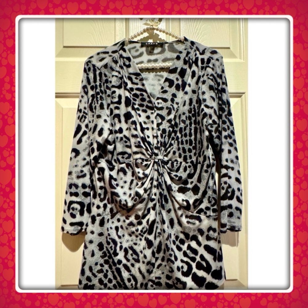 Chaus top - ruched and gathered in front - flattering gray black animal - Large